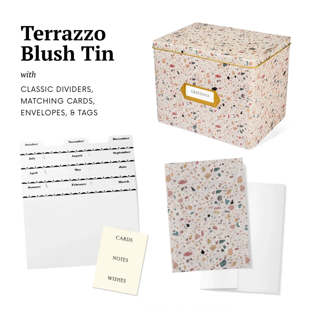Greeting Card Organizer Tin Box Kit With Dividers Cards And Envelopes Terrazzo Blush