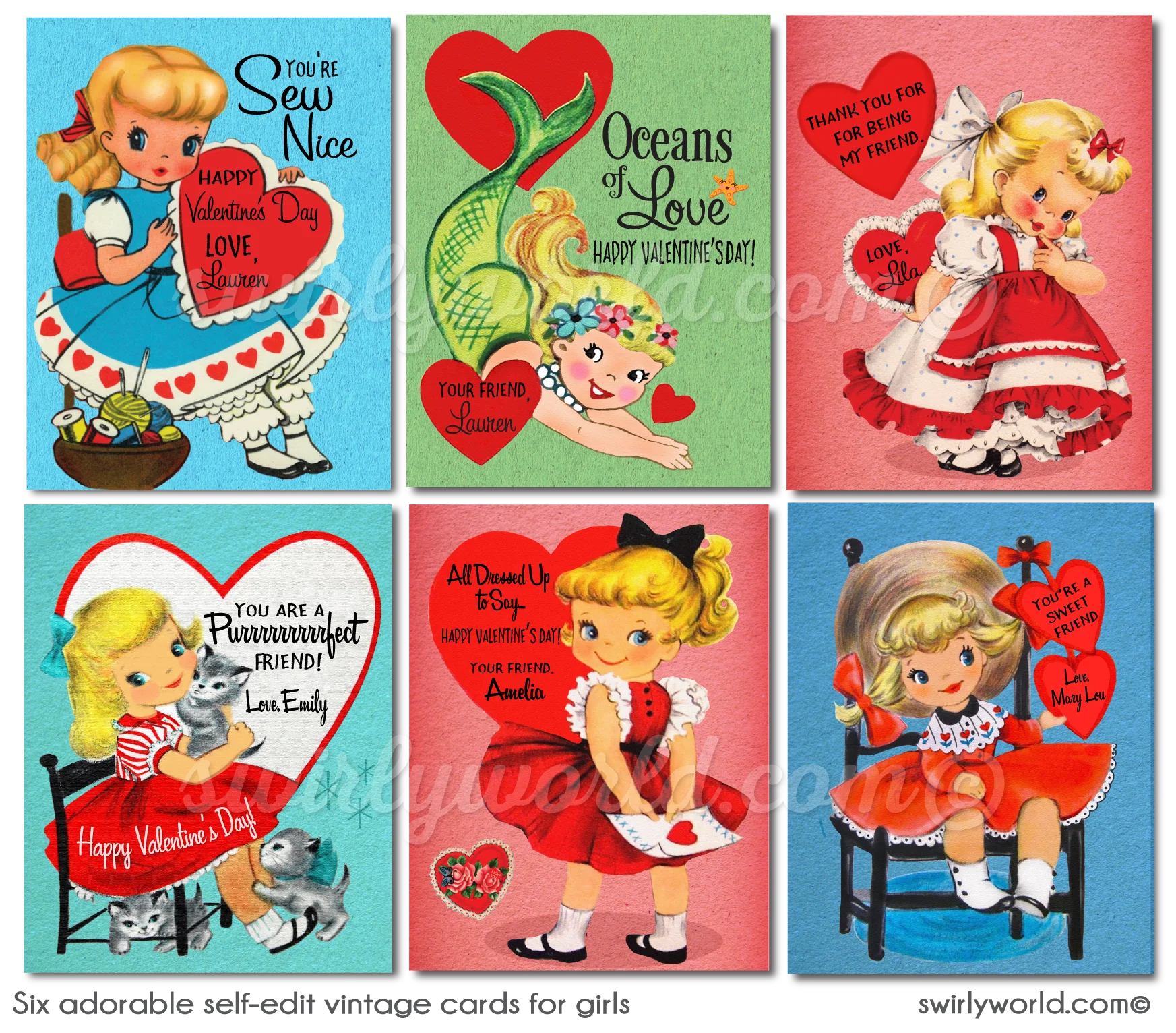 Vintage 1950s Valentine Cards For Girls Six Adorable Retro Vintage Little Girl Valentines Day Cards For Classroom Retro Valentines