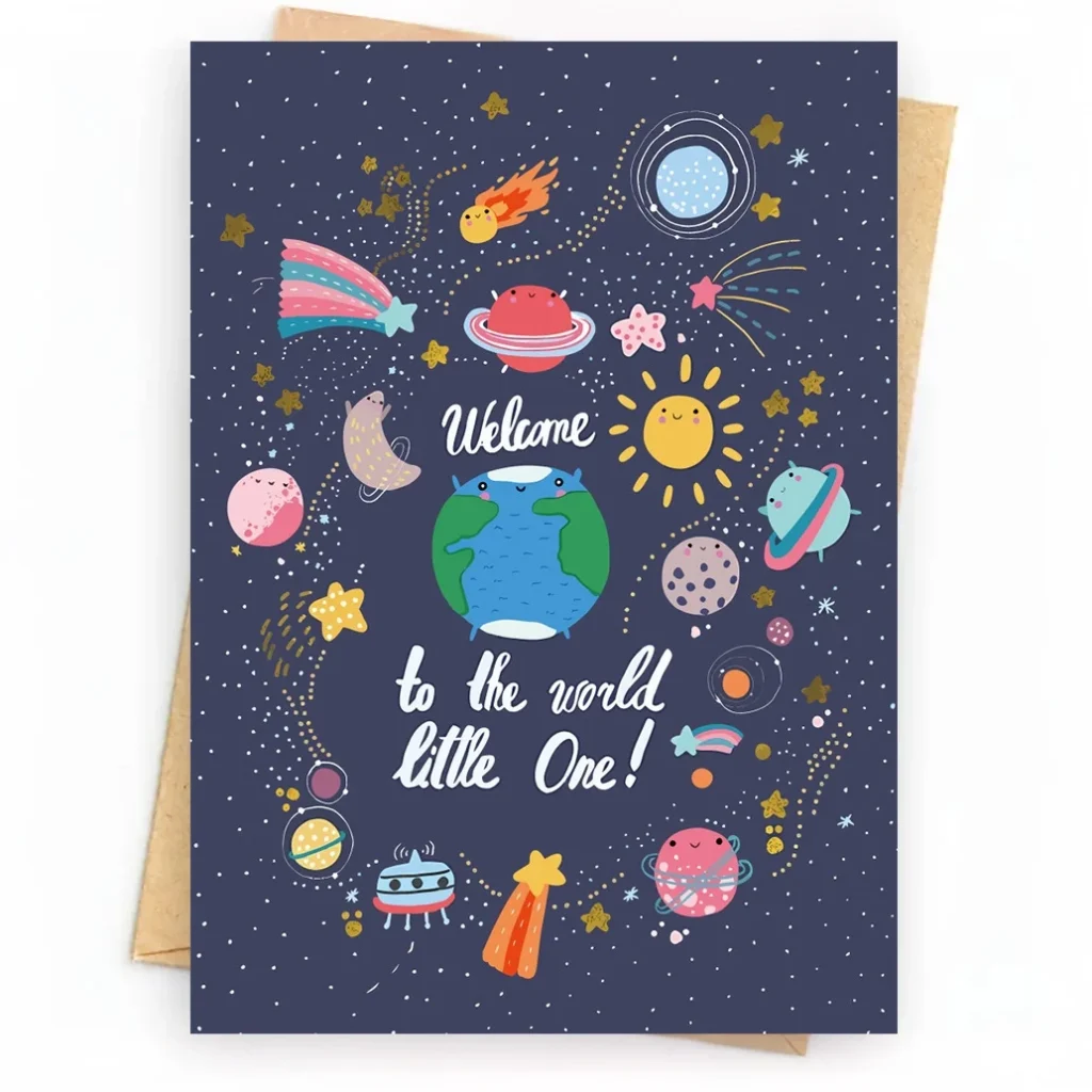 Welcome To The World Little One Greeting Card Cute Space Theme Blank Inside Perfect New Baby Gift Card With Envelope